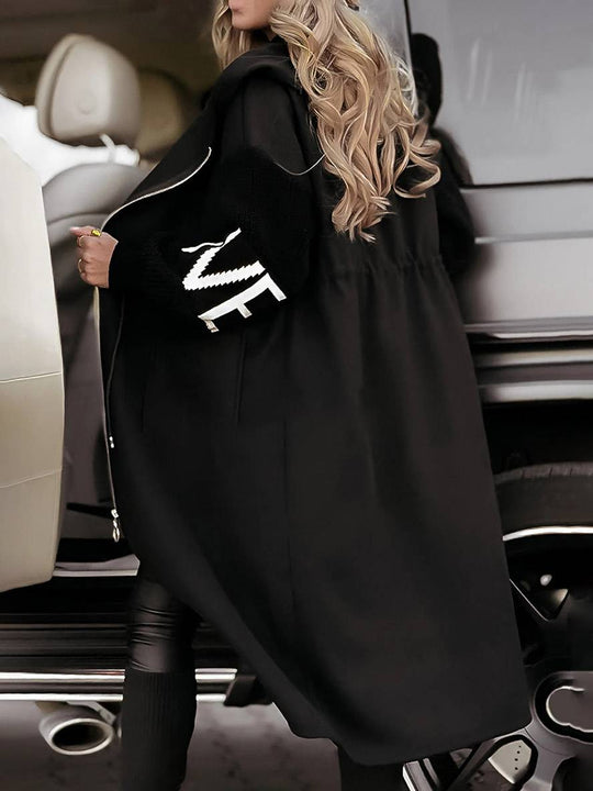 Heidi-Mode | Langer Kapmantel mit Kapuze Buchstaben Taschen Lange Ärmel Damen Elegant Casual Oversized Pullover Cardigan
