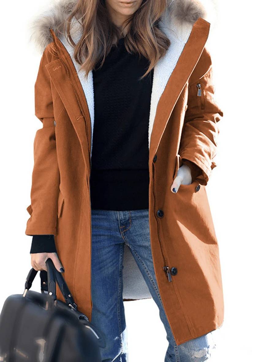Heidi-Mode | Midi-Lange Winter Mantel Parka mit Kapuze Taschen Reißverschluss Falsches Fell Kragen Damen Weit Oversized Lässig Jacke