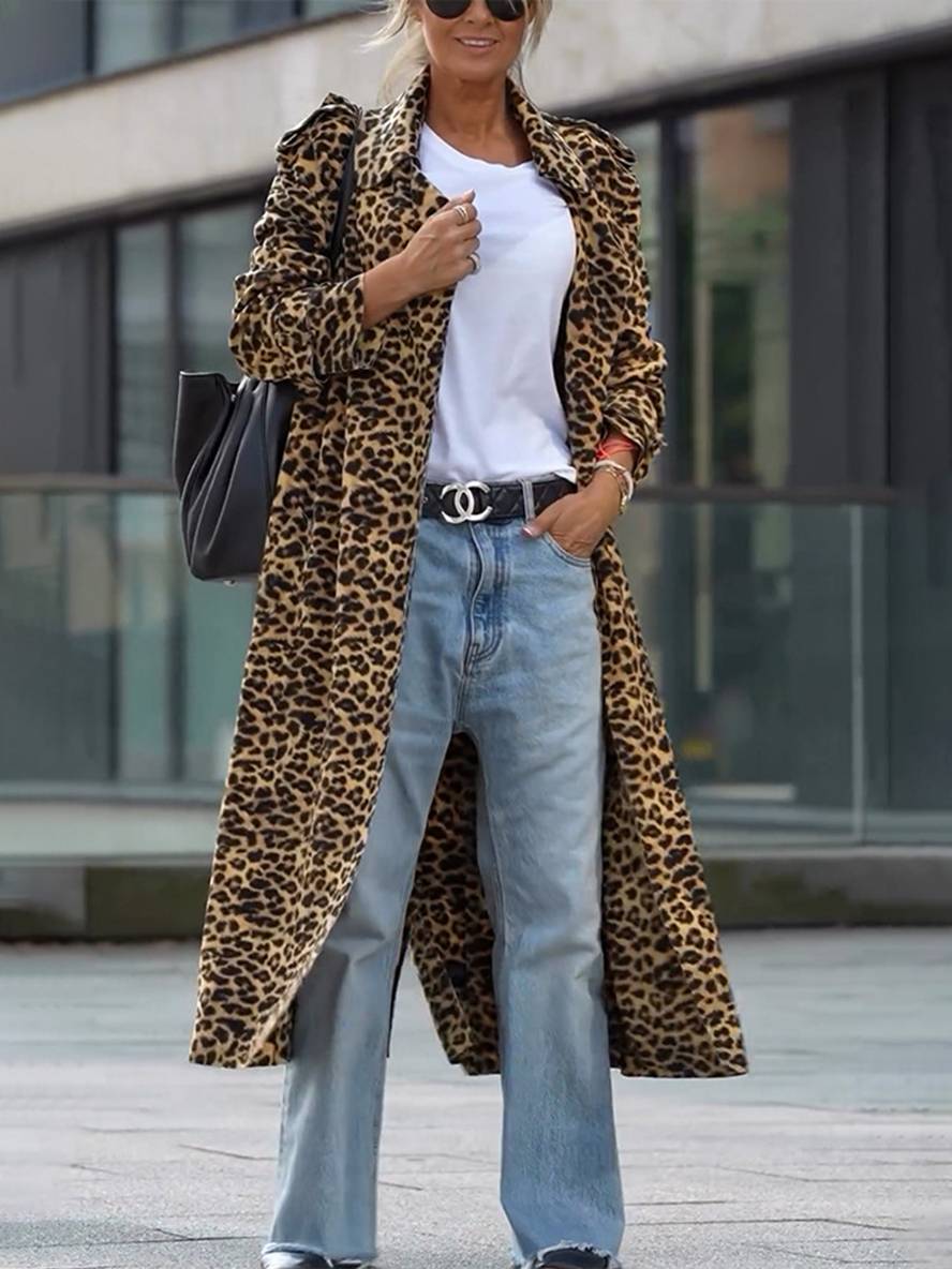Heidi-Mode | Lange Leopardenmuster-Jacke mit Revers und Langen Ärmeln für Damen, Lässige Oversized Jacke