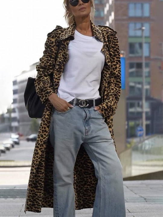 Heidi-Mode | Lange Leopardenmuster-Jacke mit Revers und Langen Ärmeln für Damen, Lässige Oversized Jacke