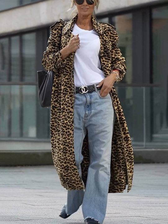 Heidi-Mode | Lange Leopardenmuster-Jacke mit Revers und Langen Ärmeln für Damen, Lässige Oversized Jacke
