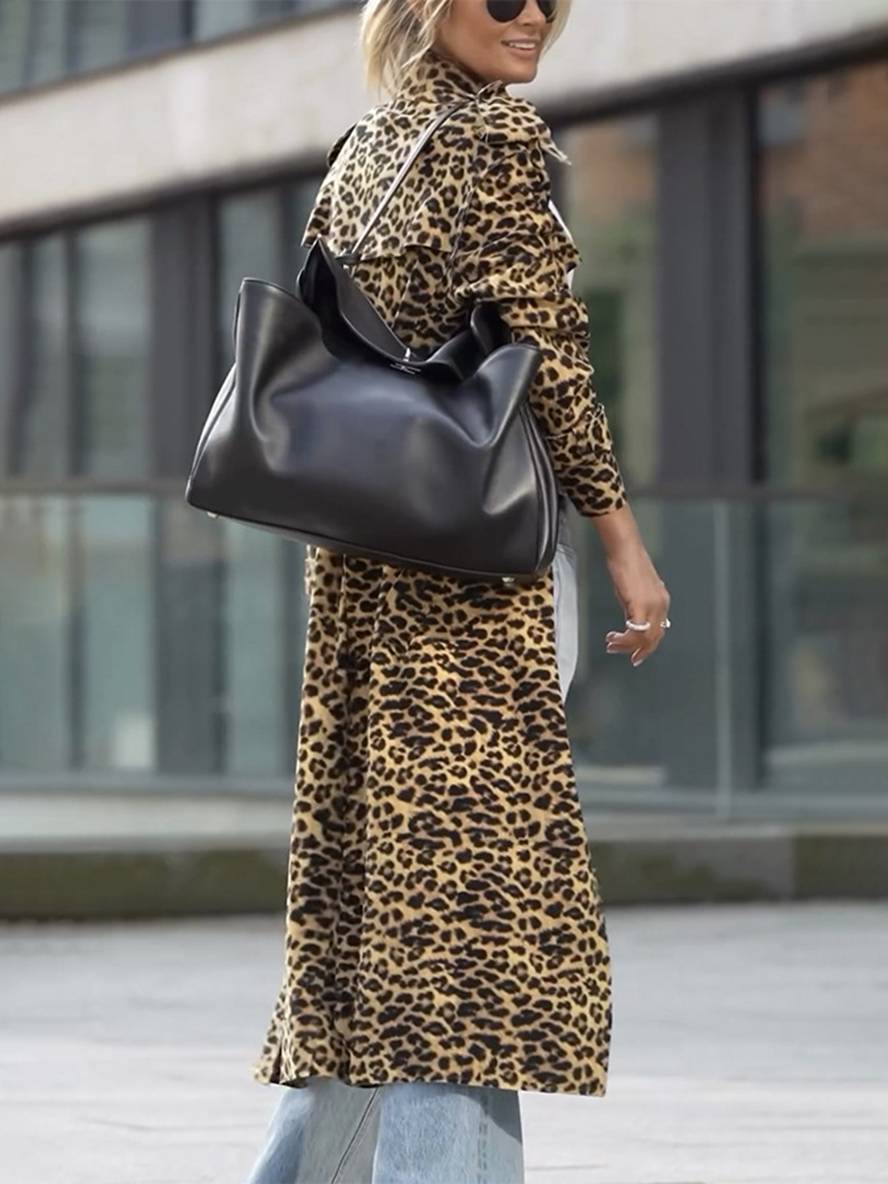 Heidi-Mode | Lange Leopardenmuster-Jacke mit Revers und Langen Ärmeln für Damen, Lässige Oversized Jacke