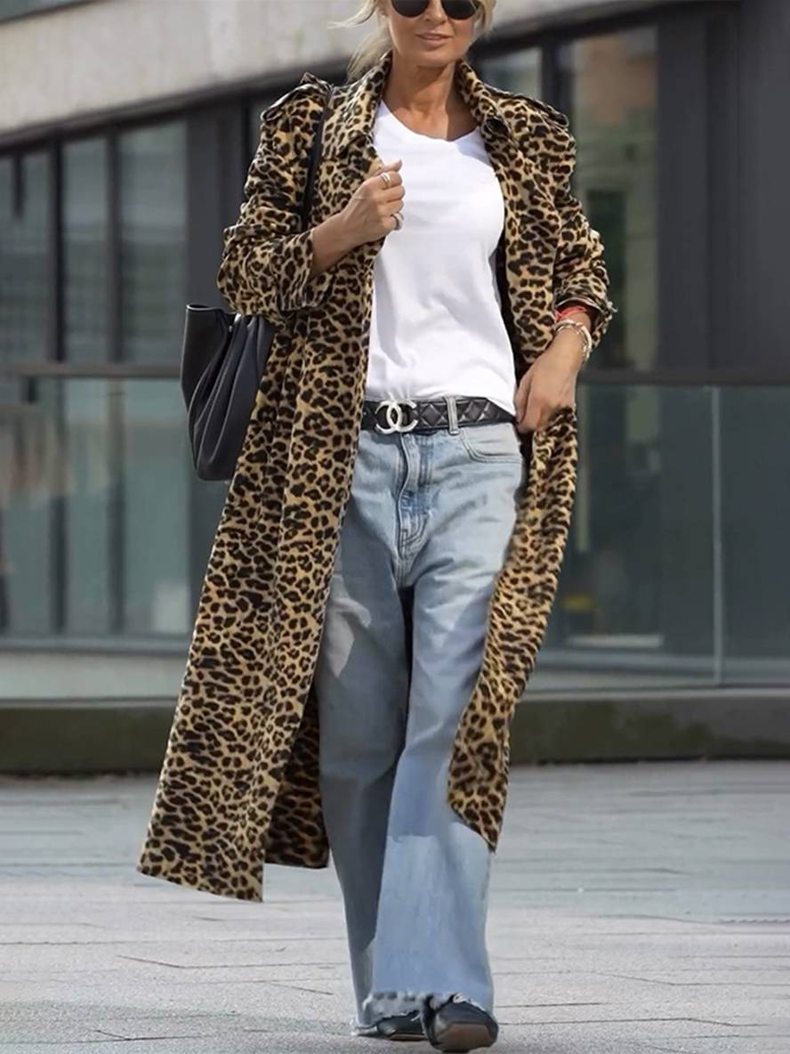 Heidi-Mode | Lange Leopardenmuster-Jacke mit Revers und Langen Ärmeln für Damen, Lässige Oversized Jacke