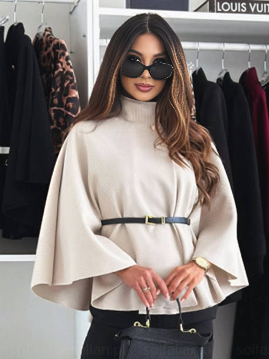 Heidi-Mode | Kurz Poncho Mantel Damen Knöpfe Gürtel Fledermausärmel Damen Elegant Lässig Weit Jacke