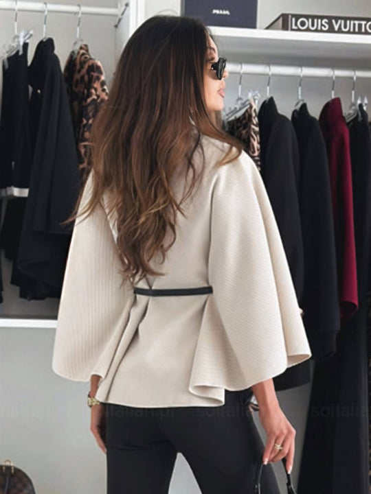 Heidi-Mode | Kurz Poncho Mantel Damen Knöpfe Gürtel Fledermausärmel Damen Elegant Lässig Weit Jacke