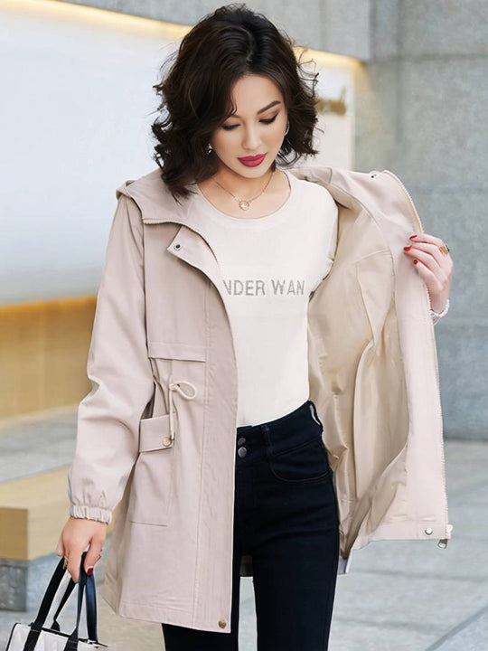 Heidi-Mode | Midi-Langer Einfarbiger Mantel mit Kapuze Reißverschluss Knopfverschluss Taschen Damen Lässig Mode Parkas