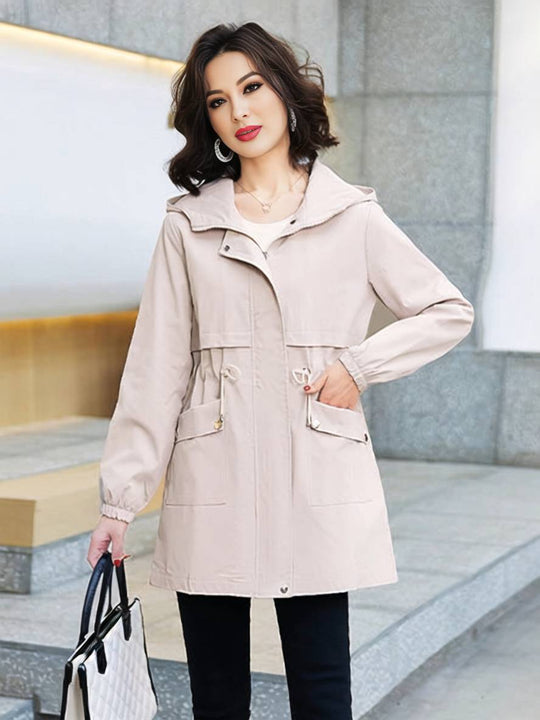 Heidi-Mode | Midi-Langer Einfarbiger Mantel mit Kapuze Reißverschluss Knopfverschluss Taschen Damen Lässig Mode Parkas