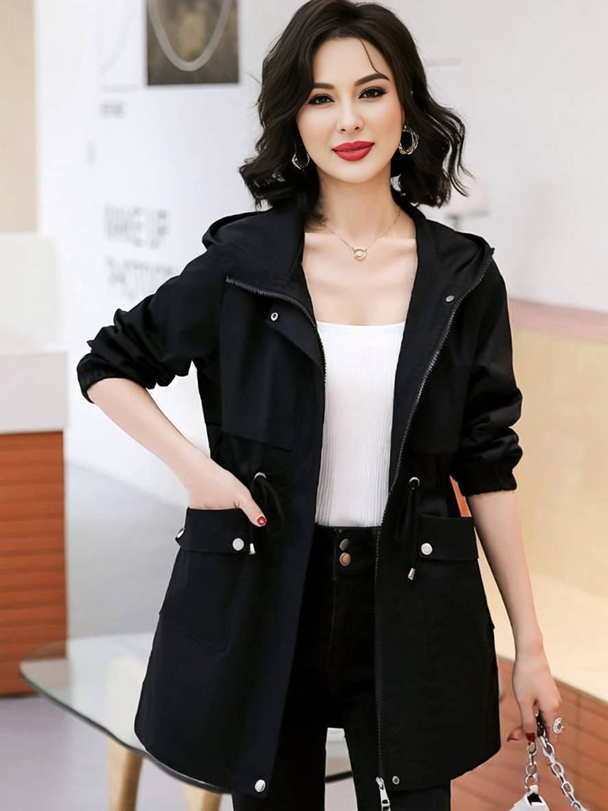 Heidi-Mode | Midi-Langer Einfarbiger Mantel mit Kapuze Reißverschluss Knopfverschluss Taschen Damen Lässig Mode Parkas