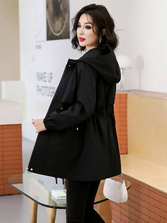 Heidi-Mode | Midi-Langer Einfarbiger Mantel mit Kapuze Reißverschluss Knopfverschluss Taschen Damen Lässig Mode Parkas