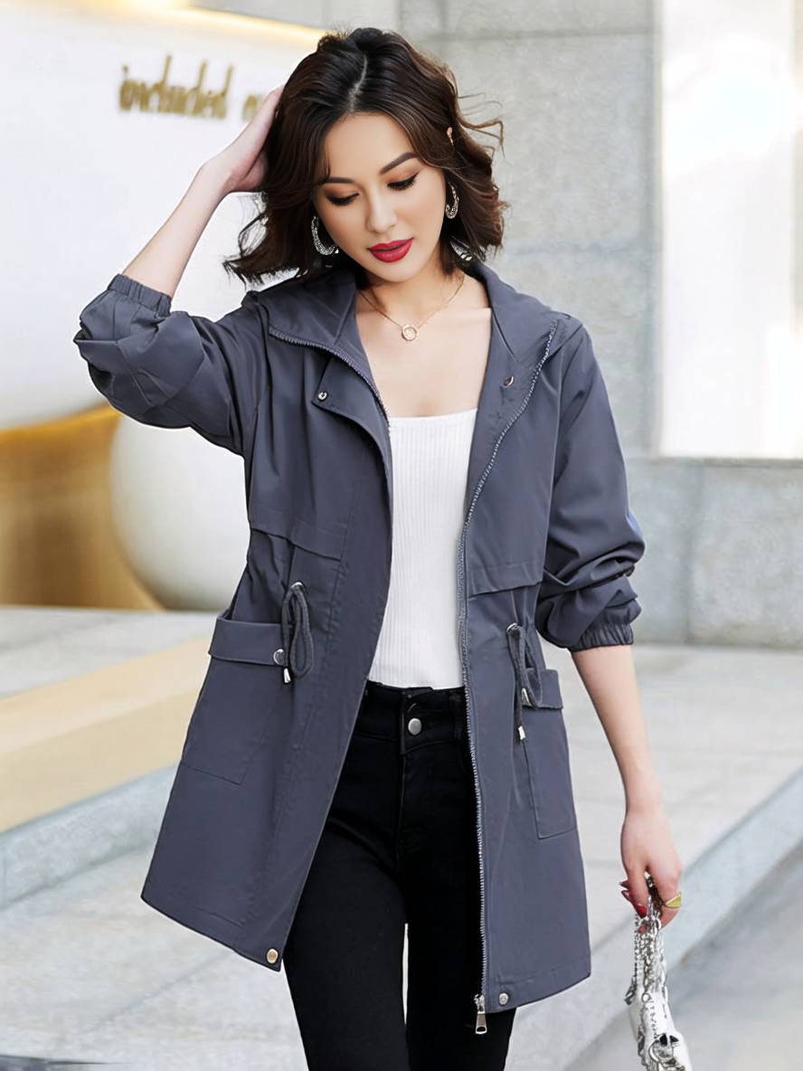 Heidi-Mode | Midi-Langer Einfarbiger Mantel mit Kapuze Reißverschluss Knopfverschluss Taschen Damen Lässig Mode Parkas
