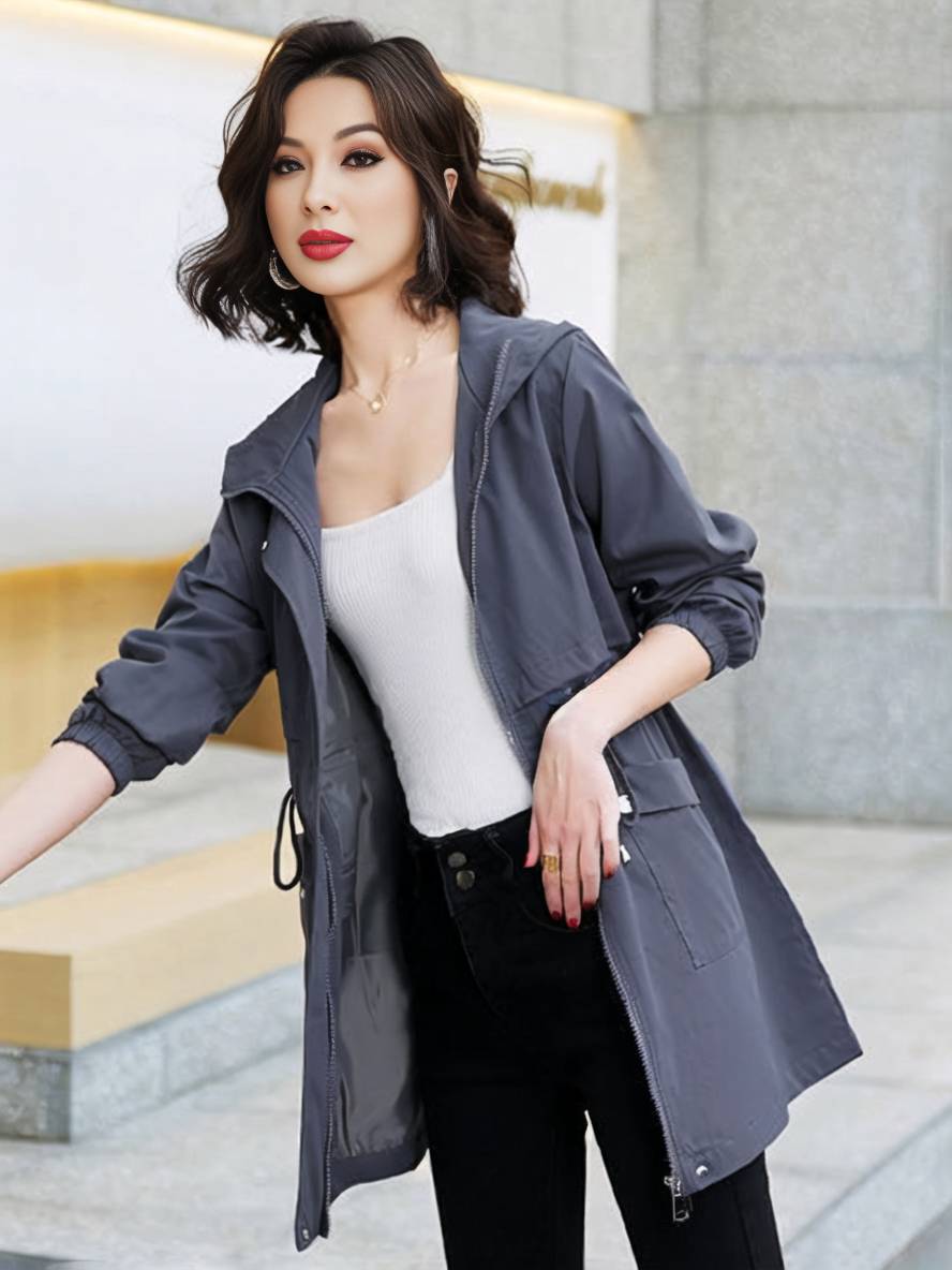 Heidi-Mode | Midi-Langer Einfarbiger Mantel mit Kapuze Reißverschluss Knopfverschluss Taschen Damen Lässig Mode Parkas
