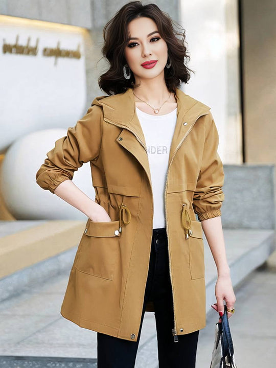 Heidi-Mode | Midi-Langer Einfarbiger Mantel mit Kapuze Reißverschluss Knopfverschluss Taschen Damen Lässig Mode Parkas