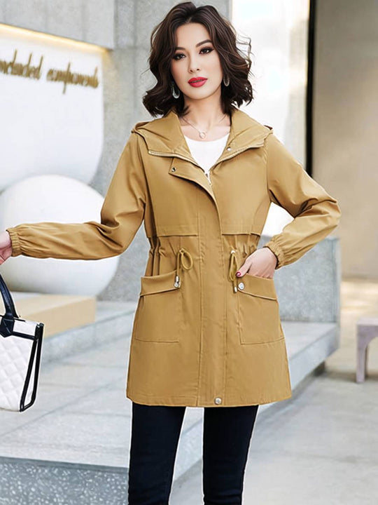 Heidi-Mode | Midi-Langer Einfarbiger Mantel mit Kapuze Reißverschluss Knopfverschluss Taschen Damen Lässig Mode Parkas