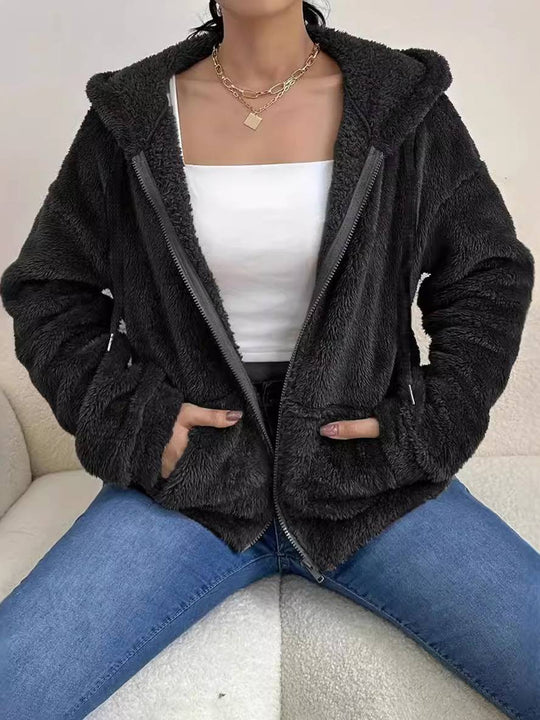 Heidi-Mode | Fleece Hoodie Jacke mit Taschen Reißverschluss Lange Ärmel Frauen Leger Übergröße Entspannt