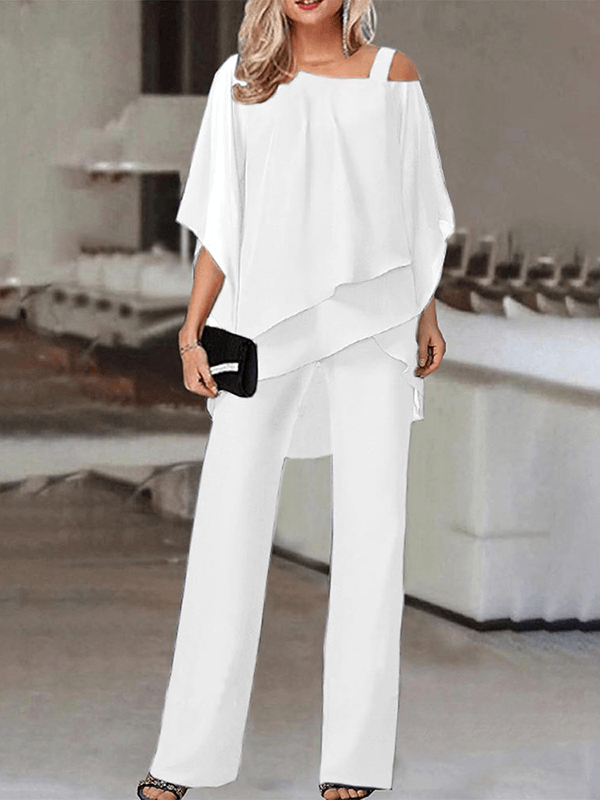 Heidi-Mode | Zweiteilige Kombinationen Ein-Schulter-Organza Batwing-Oberteile Unregelmäßige Gerade Hose Damen Lässig