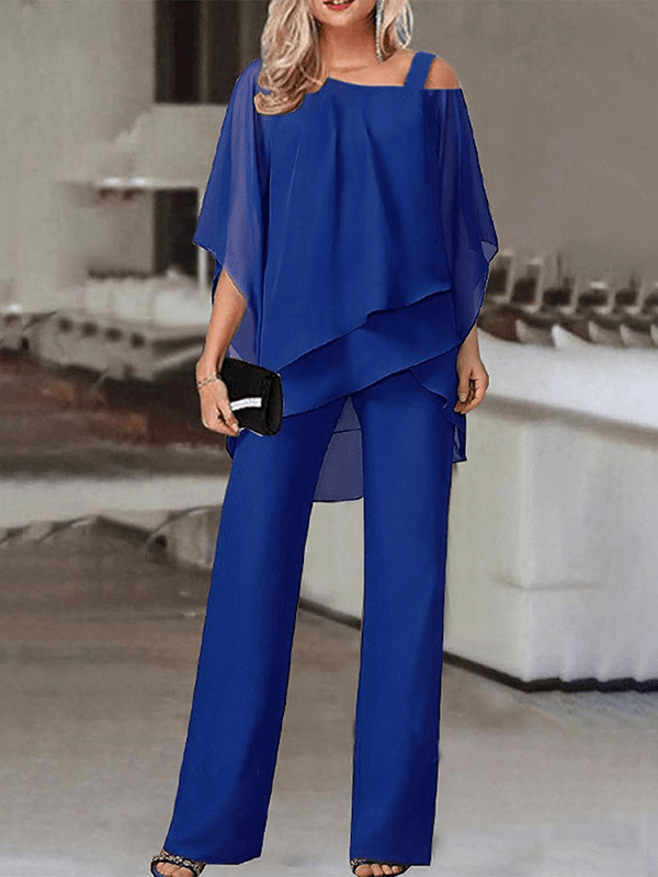Heidi-Mode | Zweiteilige Kombinationen Ein-Schulter-Organza Batwing-Oberteile Unregelmäßige Gerade Hose Damen Lässig