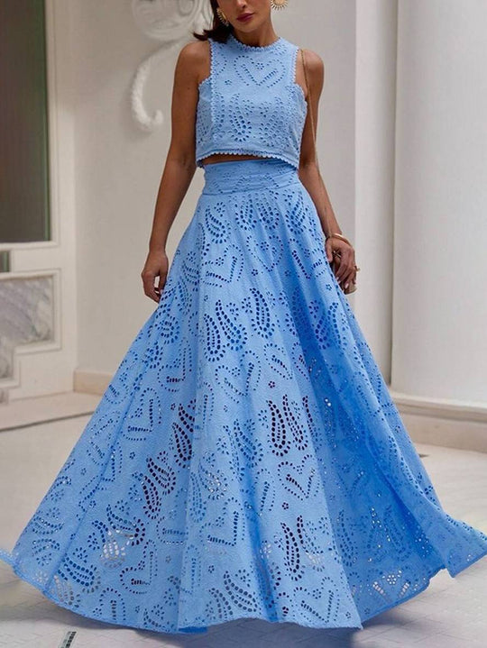 Heidi-Mode | Kleid Broderie Anglaise Taschen Ohne Ärmel Hoch Trapez Fluid Rock Damen Elegant Lässig Set