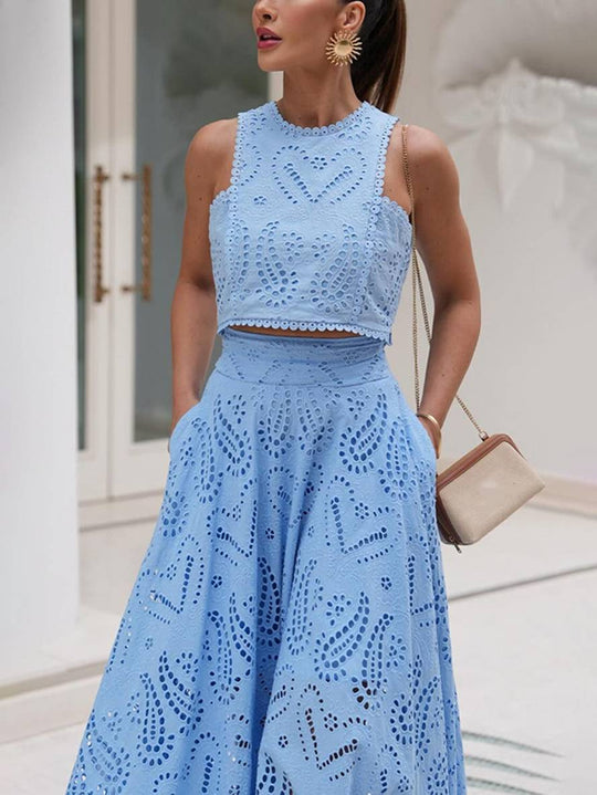 Heidi-Mode | Kleid Broderie Anglaise Taschen Ohne Ärmel Hoch Trapez Fluid Rock Damen Elegant Lässig Set