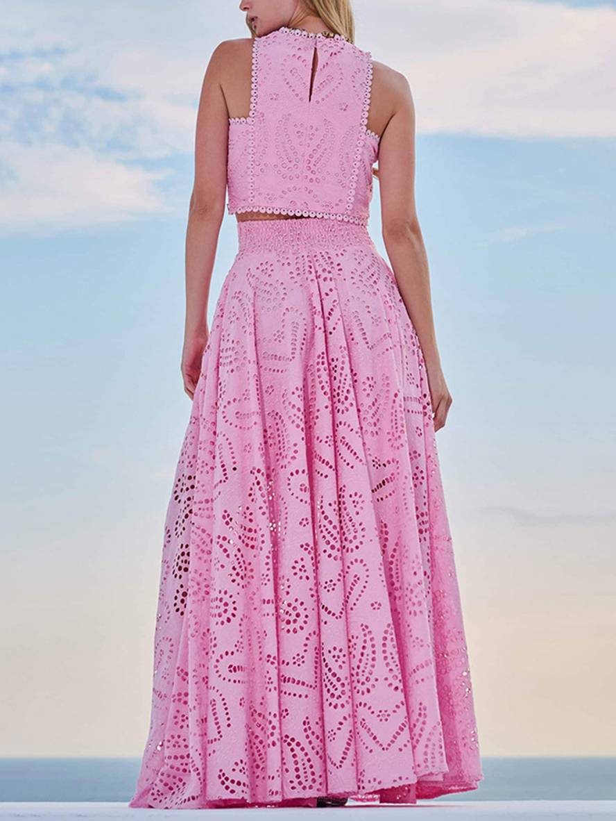 Heidi-Mode | Kleid Broderie Anglaise Taschen Ohne Ärmel Hoch Trapez Fluid Rock Damen Elegant Lässig Set