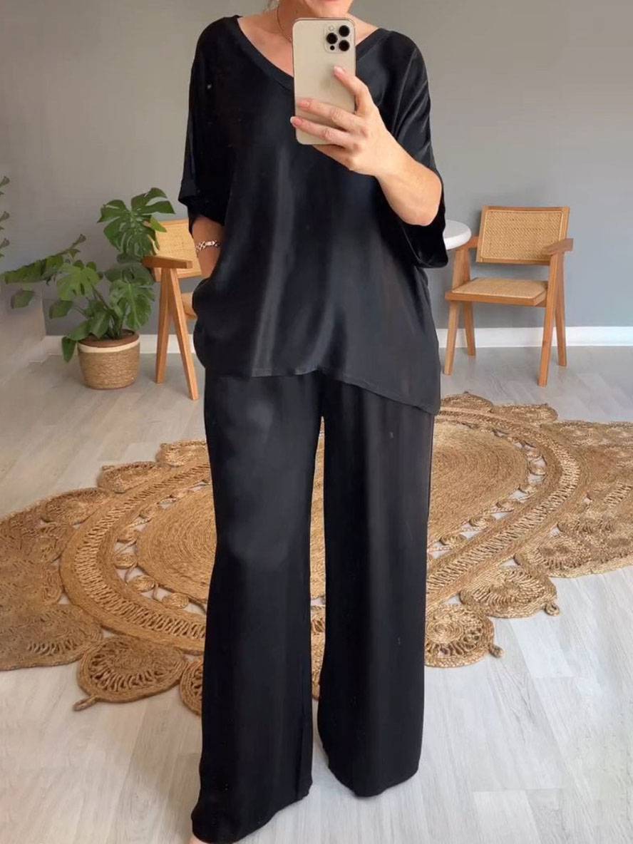 Heidi-Mode | Outfits mit V-Ausschnitt Hose Taschen Fledermausärmel Kurzarm Damen Elegant Lässig Weit Zweiteilig