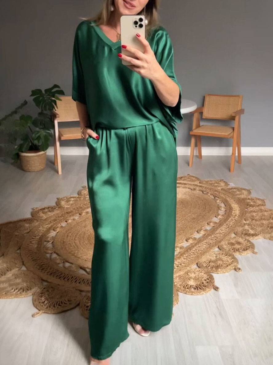 Heidi-Mode | Outfits mit V-Ausschnitt Hose Taschen Fledermausärmel Kurzarm Damen Elegant Lässig Weit Zweiteilig