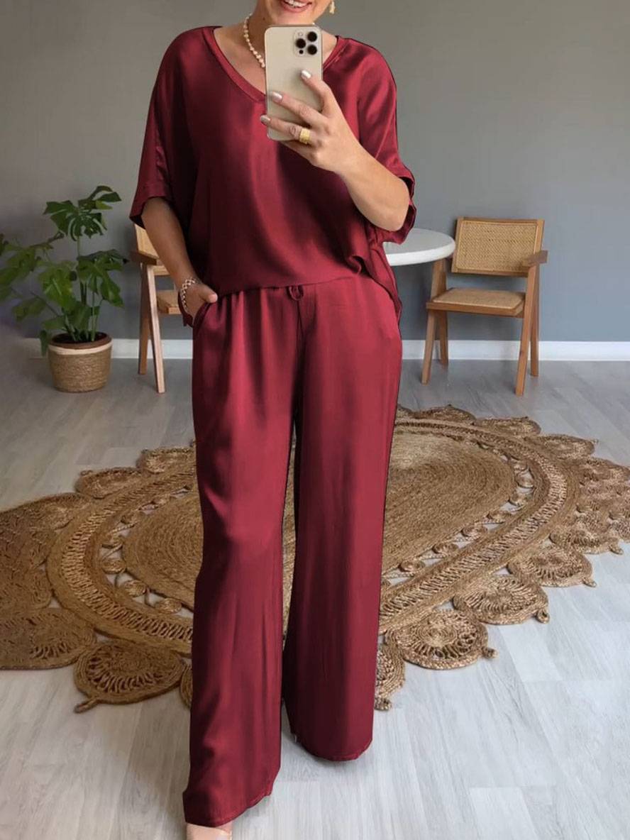 Heidi-Mode | Outfits mit V-Ausschnitt Hose Taschen Fledermausärmel Kurzarm Damen Elegant Lässig Weit Zweiteilig