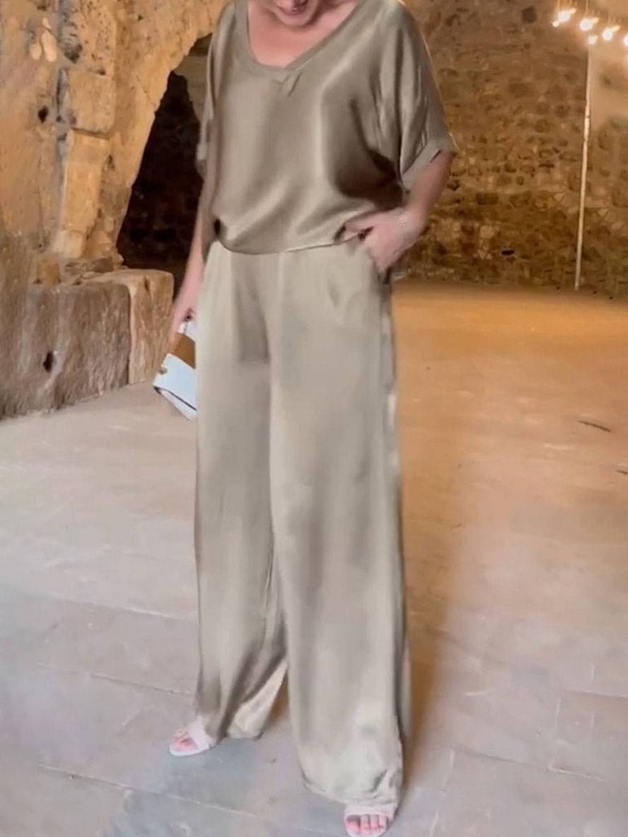 Heidi-Mode | Outfits mit V-Ausschnitt Hose Taschen Fledermausärmel Kurzarm Damen Elegant Lässig Weit Zweiteilig