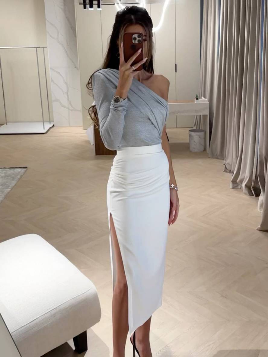 Heidi-Mode | Uni-Farben Tops Ein Schulter Langarm Damen Elegant Freizeitmode Casual
