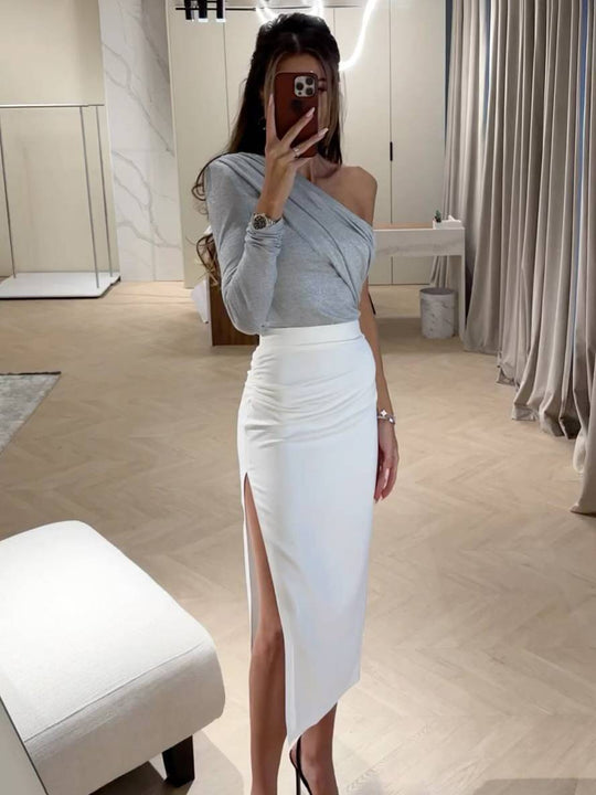 Heidi-Mode | Uni-Farben Tops Ein Schulter Langarm Damen Elegant Freizeitmode Casual