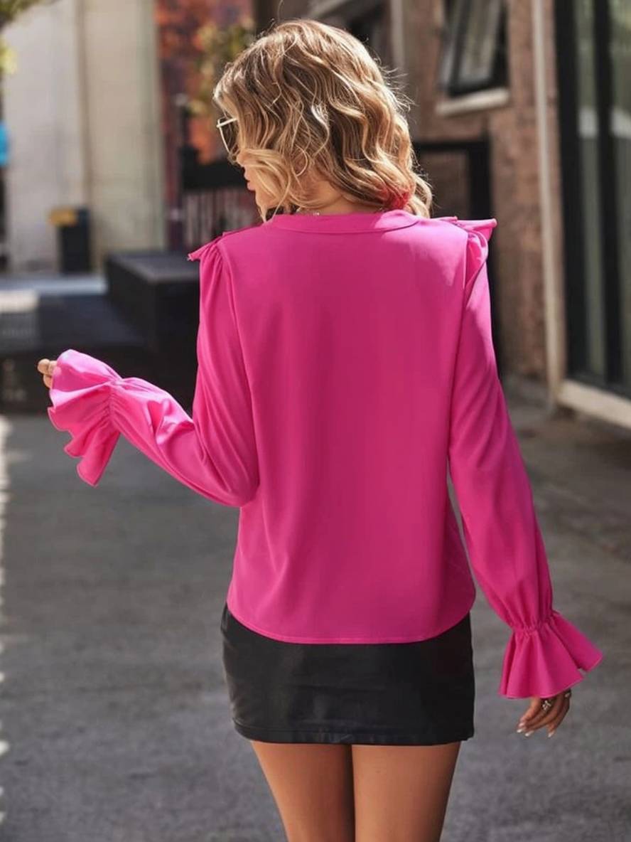 Heidi-Mode | Bluse mit Rüschen V-Ausschnitt Jabot Knopfleiste Ausgestellte Ärmel Lange Ärmel Damen Sanft Elegant