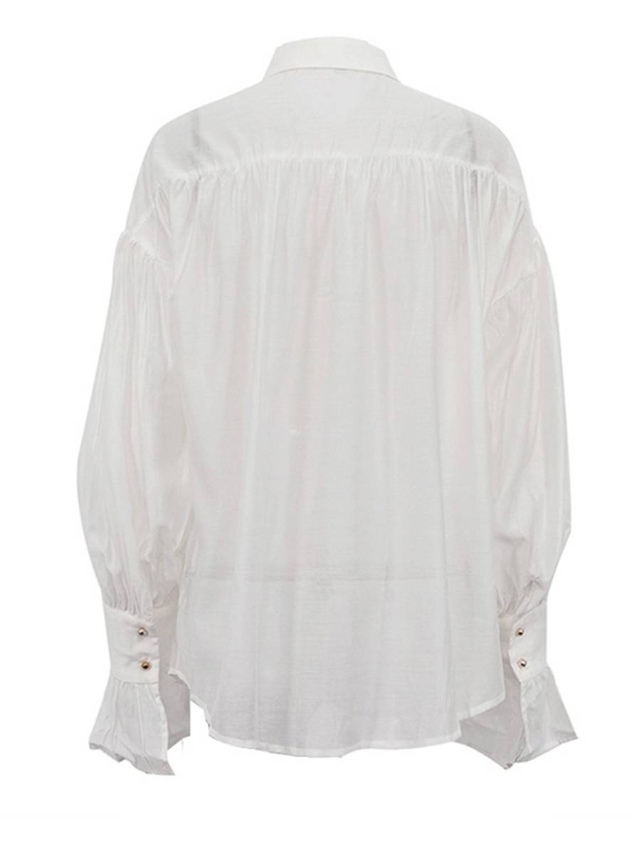 Heidi-Mode | Bluse Einfarbig Knopfverschluss Hemdkragen Ausgestellte Ärmel Lange Ärmel Damen Elegant Lässig Weit