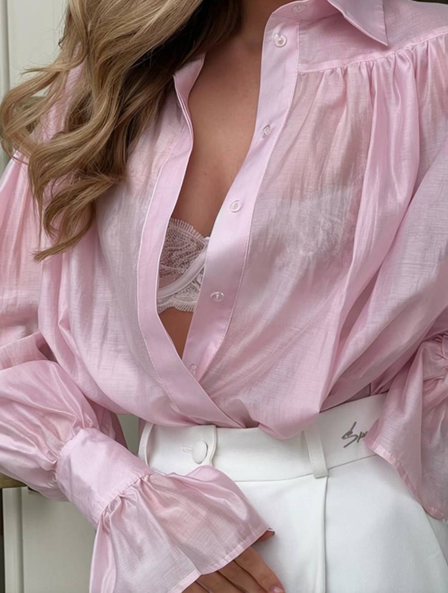 Heidi-Mode | Bluse Einfarbig Knopfverschluss Hemdkragen Ausgestellte Ärmel Lange Ärmel Damen Elegant Lässig Weit