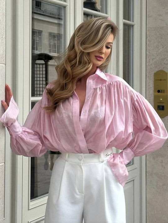 Heidi-Mode | Bluse Einfarbig Knopfverschluss Hemdkragen Ausgestellte Ärmel Lange Ärmel Damen Elegant Lässig Weit