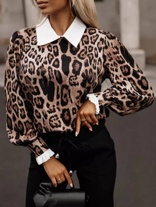 Heidi-Mode | Bluse Leoparden Polo Lange Ärmel Damen Elegant Lässig Mode