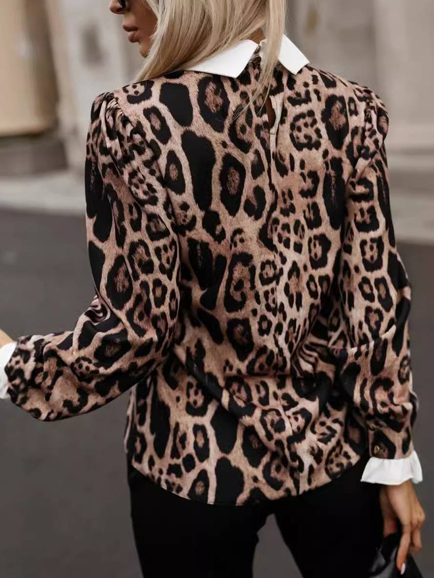 Heidi-Mode | Bluse Leoparden Polo Lange Ärmel Damen Elegant Lässig Mode