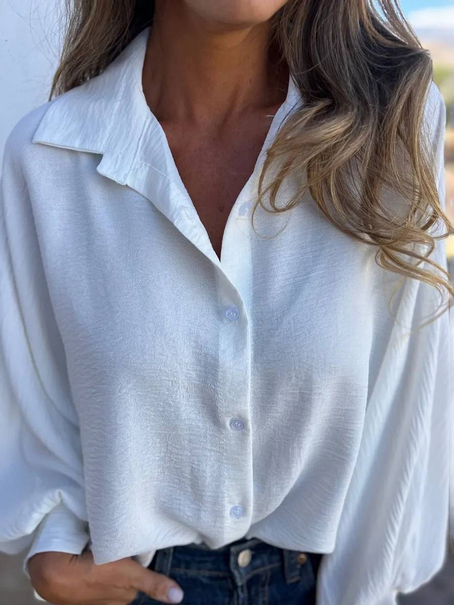 Heidi-Mode | Einfarbige Bluse Hemdkragen Fledermausärmel Knopfleiste Damen Legere Bluse