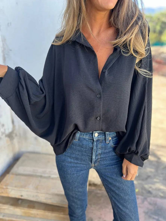 Heidi-Mode | Einfarbige Bluse Hemdkragen Fledermausärmel Knopfleiste Damen Legere Bluse