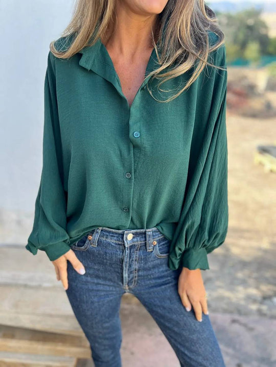 Heidi-Mode | Einfarbige Bluse Hemdkragen Fledermausärmel Knopfleiste Damen Legere Bluse