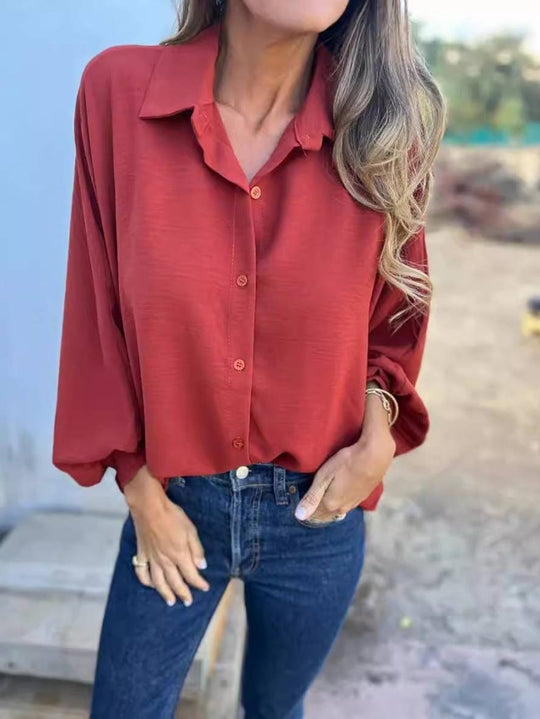 Heidi-Mode | Einfarbige Bluse Hemdkragen Fledermausärmel Knopfleiste Damen Legere Bluse