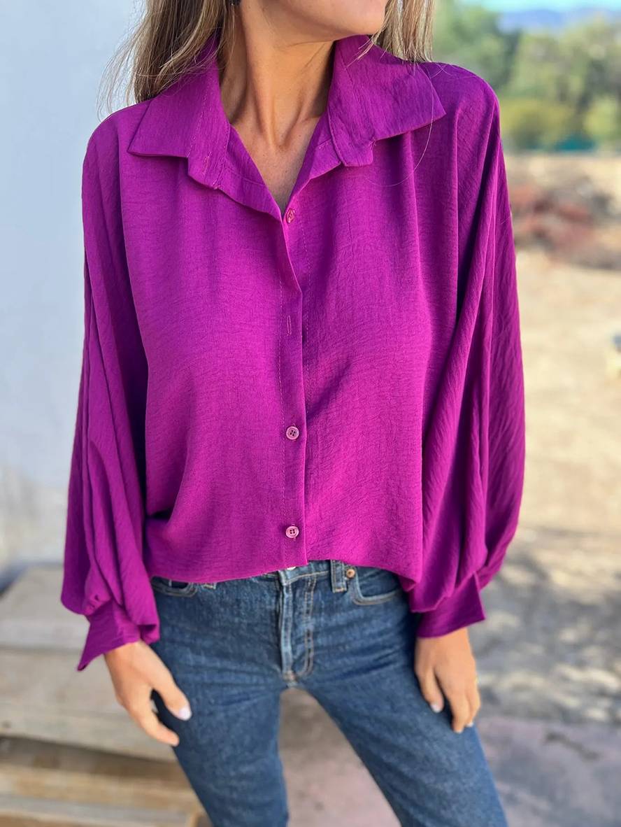 Heidi-Mode | Einfarbige Bluse Hemdkragen Fledermausärmel Knopfleiste Damen Legere Bluse