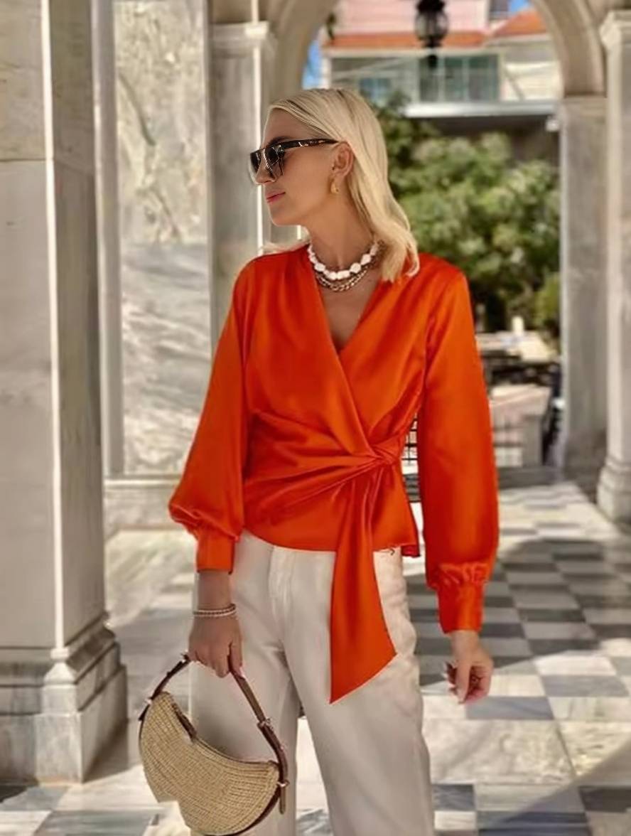 Heidi-Mode | Einfarbiges Satinhemd V-Ausschnitt Knoten Bischof Ärmel Lange Ärmel Damen Elegant Lässig Mode Bluse
