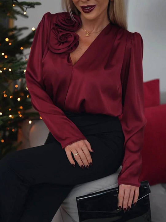 Heidi-Mode | Schlichte Bluse V-Ausschnitt Blumen Langarm Damen Eleganter Anzugstil Casual Mode