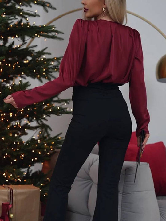 Heidi-Mode | Schlichte Bluse V-Ausschnitt Blumen Langarm Damen Eleganter Anzugstil Casual Mode
