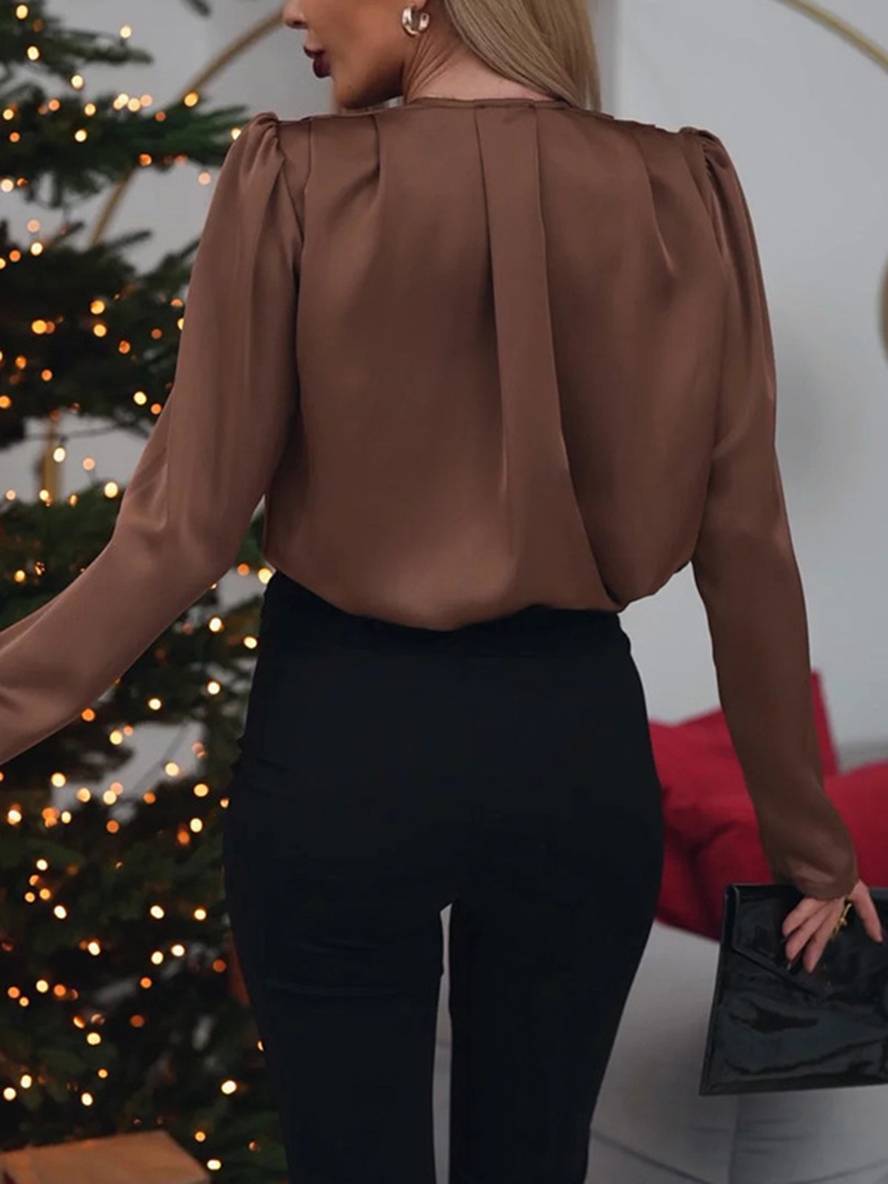 Heidi-Mode | Schlichte Bluse V-Ausschnitt Blumen Langarm Damen Eleganter Anzugstil Casual Mode