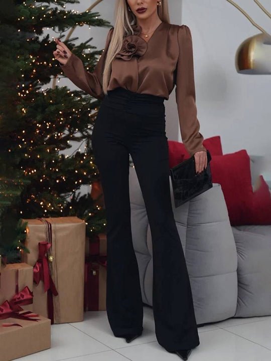 Heidi-Mode | Schlichte Bluse V-Ausschnitt Blumen Langarm Damen Eleganter Anzugstil Casual Mode