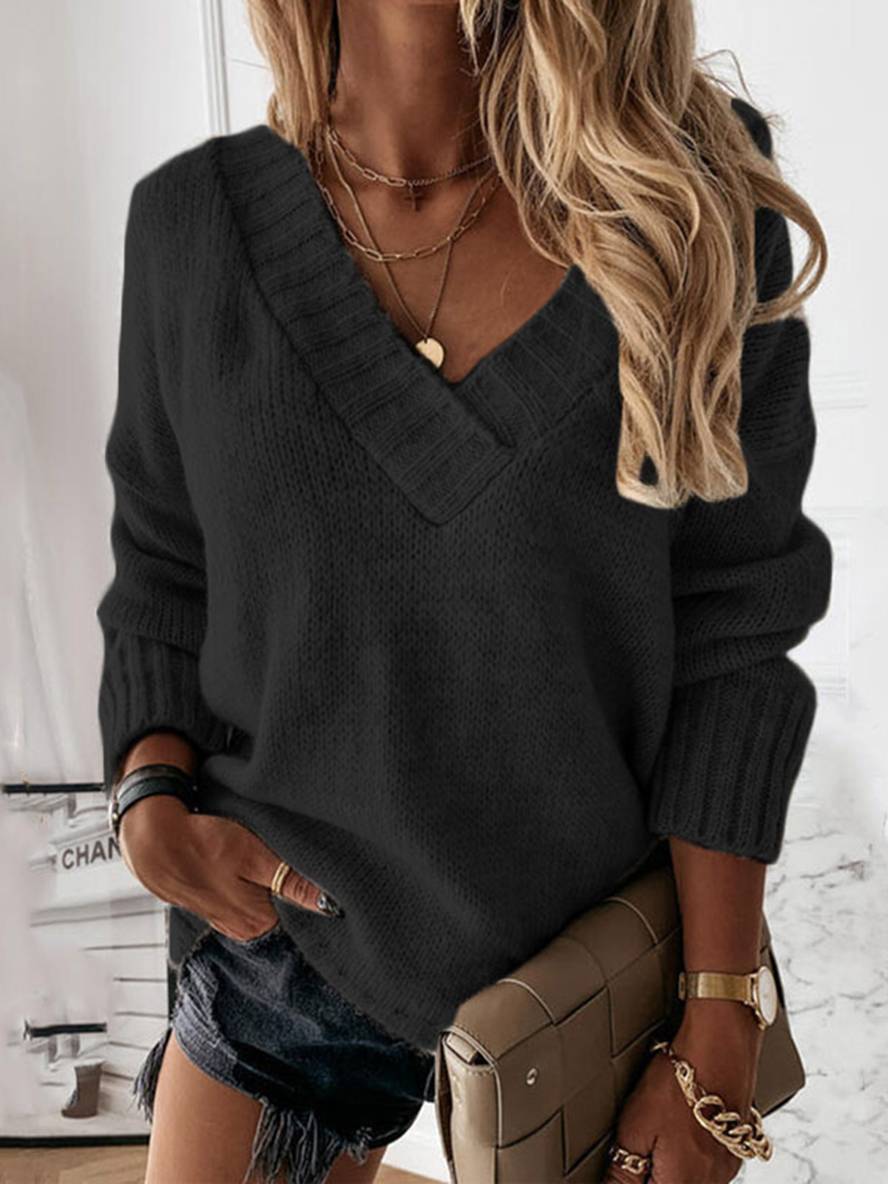 Heidi-Mode | Pullover Einfarbig V-Ausschnitt Langarm Damen Lässig Weit Winter