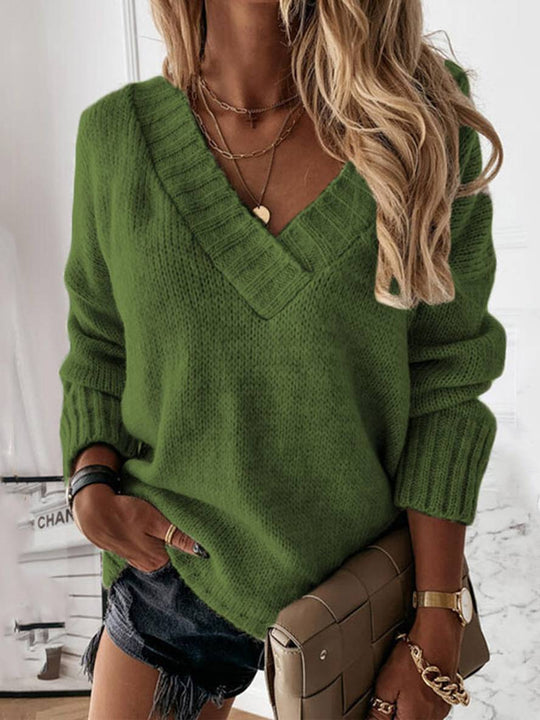 Heidi-Mode | Pullover Einfarbig V-Ausschnitt Langarm Damen Lässig Weit Winter
