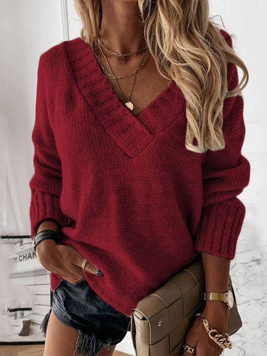 Heidi-Mode | Pullover Einfarbig V-Ausschnitt Langarm Damen Lässig Weit Winter