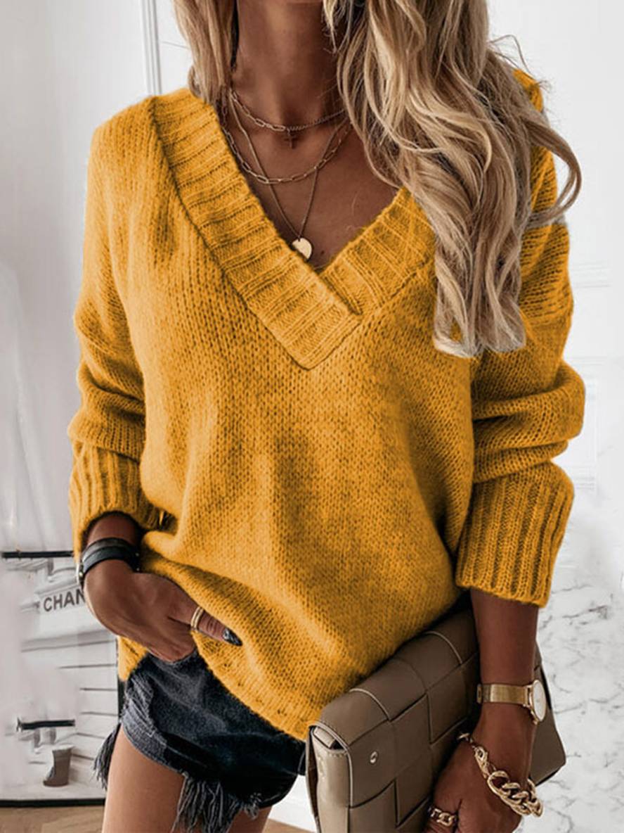 Heidi-Mode | Pullover Einfarbig V-Ausschnitt Langarm Damen Lässig Weit Winter