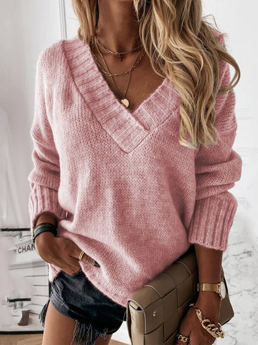 Heidi-Mode | Pullover Einfarbig V-Ausschnitt Langarm Damen Lässig Weit Winter